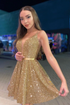 Shiny Sequins V Neck Golden Short Prom Homecoming Dress with Belt GJS690